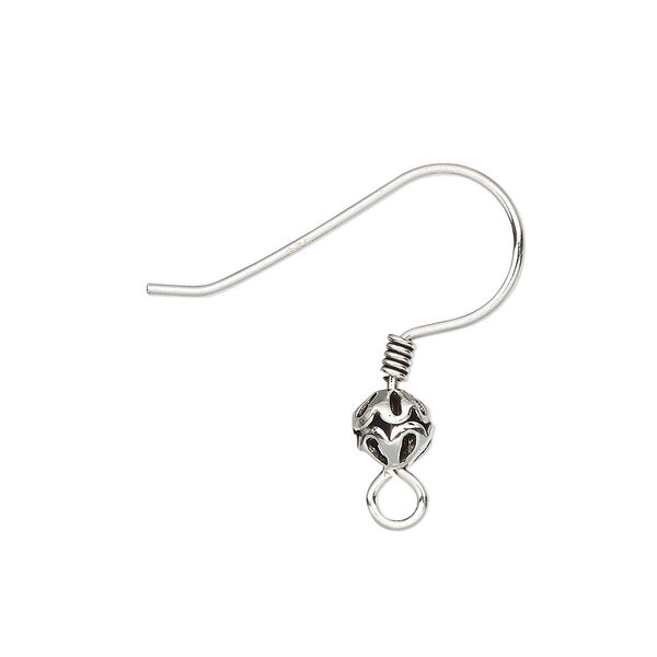 Ear wire, antiqued sterling silver, 25mm fishhook with 7x6mm pierced rondelle and 4mm coil with open loop, 21 gauge. Sold per pair. image number 0