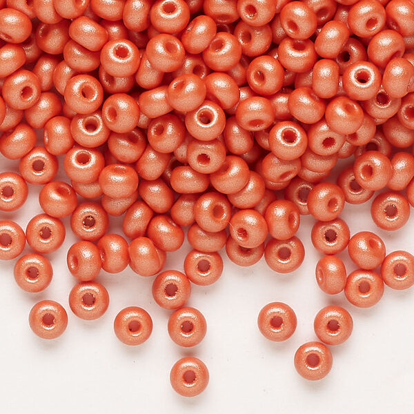 Seed bead, Preciosa Ornela Czech glass, pkg/50g, #6 rocaille, opaque PermaLux dyed orange chalkwhite, (22004). image number 0