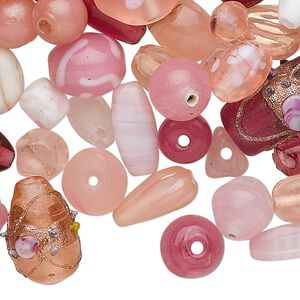 Bead mix, lampworked glass, pink, 6x6mm-13x11mm mixed shape. Sold per 100-gram pkg, approximately 50-75 beads.