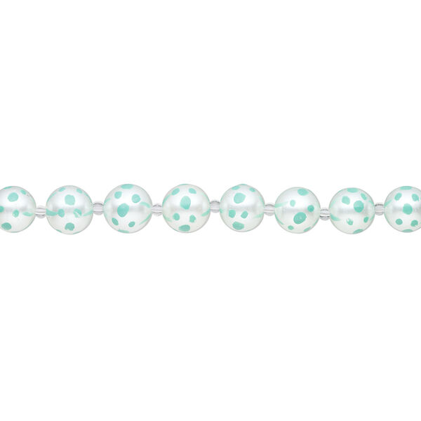 Bead, glass 1pkg8, opaque seafoam green and white, 16mm hand-painted round. image number 1
