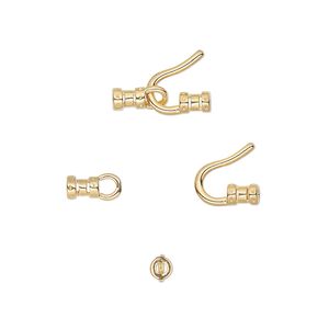 Clasp hook&eye 1pkg10 gold-plated, 13x7.5mm / crimp end / fits up to 1.5mm cord, brass 1-strand