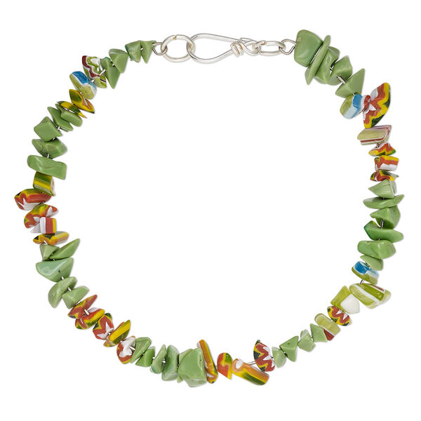Bracelet, glass / chevron glass / steel memory wire, green and multicolored, 7.5mm wide with chip, 7-1/2 inches with hook clasp. Sold individually. image number 0