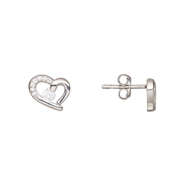 Earstud, Create Compliments®, rhodium-plated sterling silver and cubic zirconia, clear, 10x8.5mm heart. Sold per pair. image number 0