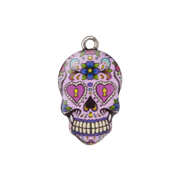 Charm, resin and antique silver-plated "pewter" (zinc-based alloy), multicolored, 19x13mm single-sided Dia de los Muertos skull with flower and heart design. Sold individually. image number 0
