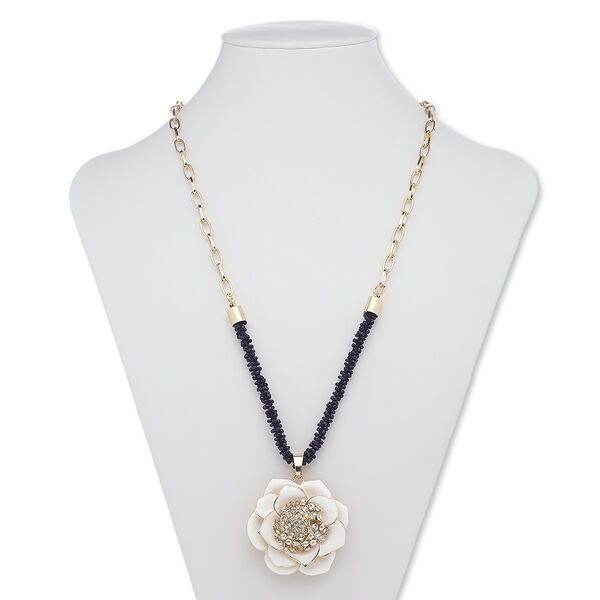 Necklace, glass rhinestone / glass / enamel / gold-finished steel / "pewter" (zinc-based alloy), black / white / clear, 48x48mm flower, 32 inches with 3-inch extender chain and lobster claw clasp. Sold individually. image number 0