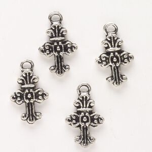 Drop, antique silver-finished "pewter" (zinc-based alloy), 20x15mm double-sided fancy cross. Sold per pkg of 4.