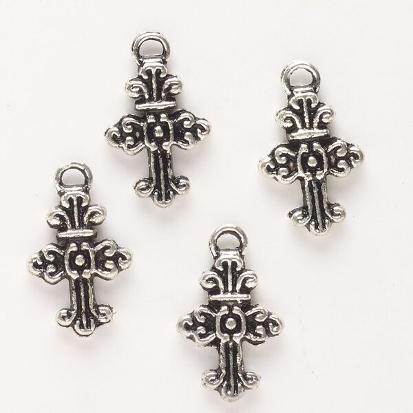 Drop, antique silver-finished "pewter" (zinc-based alloy), 20x15mm double-sided fancy cross. Sold per pkg of 4. image number 0