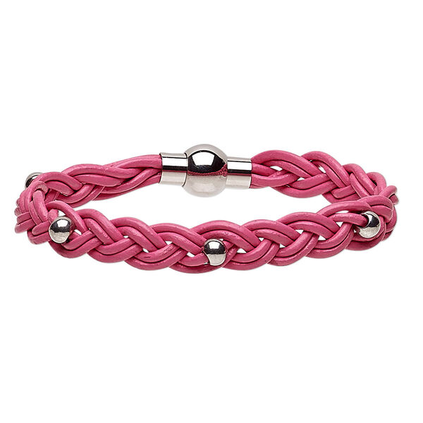 Bracelet, leather (dyed) and stainless steel, pink, 11mm wide braided with 5mm round, 7 inches with magnetic clasp. Sold individually. image number 0