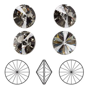 Chaton 4pk black diamond foil back, Crystal Passions® 12mm rivoli 1122