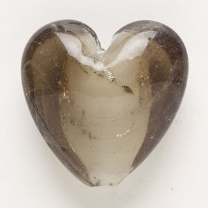 Bead, lampworked glass, pkg/1, opaque and translucent olive green and white with silver- and gold-colored foil, 34-3mm puffed heart.