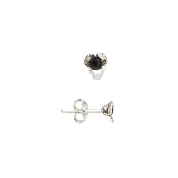 Ear stud, sterling silver and glass, jet, 5mm flower. Sold per pair. image number 0