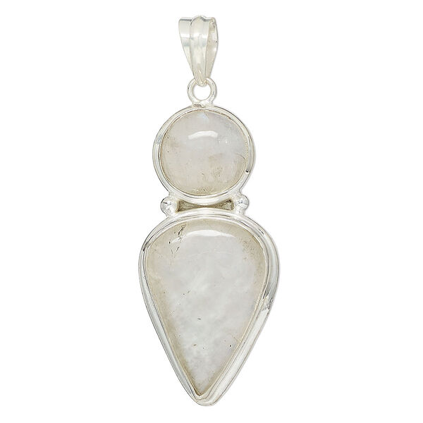 Pendant, rainbow moonstone (natural) and sterling silver, 45x21mm teardrop and round. Sold individually. image number 0