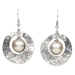 Earring, resin with antique silver-plated brass and "pewter" (zinc-based alloy), silver, 2 inches with round go-go and fishhook ear wire. Sold per pair.