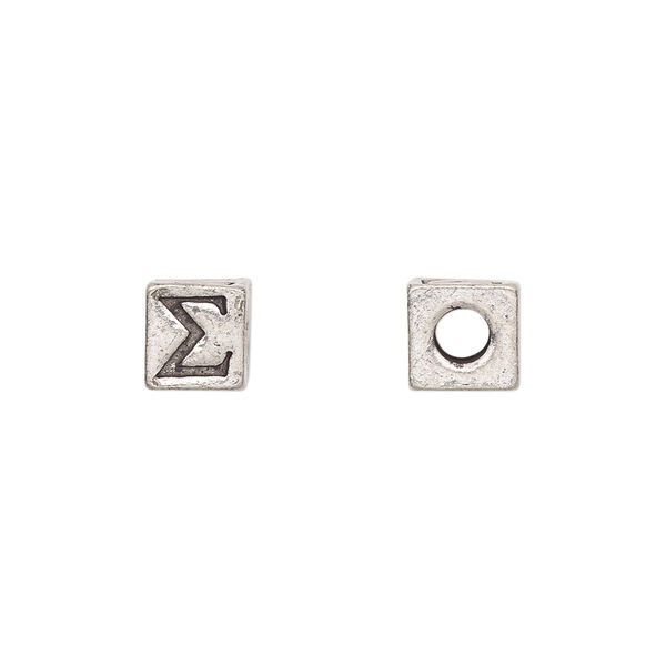 Bead, antiqued pewter (tin-based alloy), 7mm cube with Greek letter, SIGMA. Sold per pkg of 4. image number 0