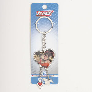 Keychain 1pkg1, silver-finished brass and steel / enamel, multicolored, 5 inches with 38.5x35mm Harley Quinn heart and charms.