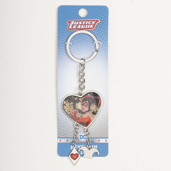 Keychain 1pkg1, silver-finished brass and steel / enamel, multicolored, 5 inches with 38.5x35mm Harley Quinn heart and charms. image number 0