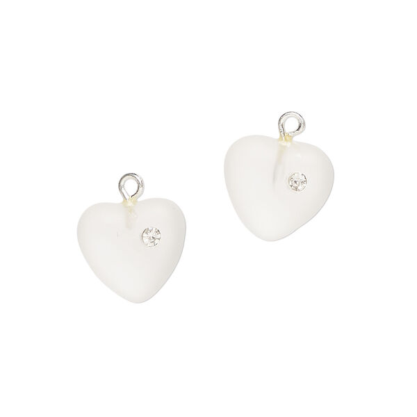 Drop 1pkg2, silver-plated brass / glass / cubic zirconia, translucent yellow and clear, 11mm frosted heart. image number 0