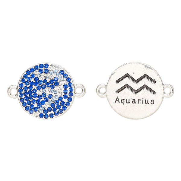 Link, "pewter" (zinc-based alloy)/enamel/cubic zirconia, pkg/1, antique silver finish and mixed colors, 20mm round 2-sided with "Aquarius" and zodiac symbol. image number 0