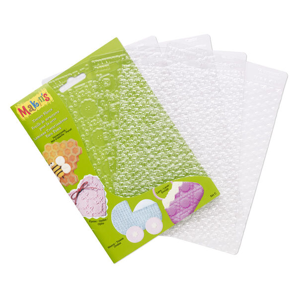 Texture plate, Makin's®, plastic, clear, 6-1/4 x 4-1/2 inch textured rectangle with assorted textile patterns. Sold per 4-piece set. image number 0