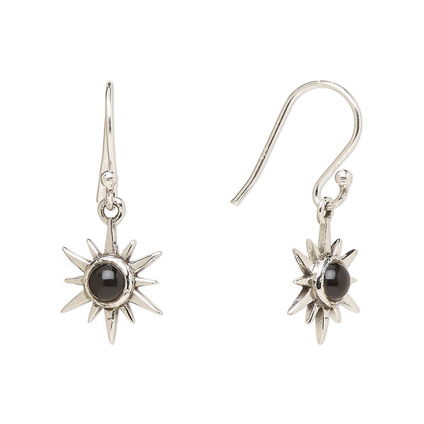 Ear wire, Create Compliments®, antiqued sterling silver and black onyx (dyed), fishhook, 27mm with 12mm single-sided star, 21 gauge. Sold per pair. image number 0