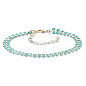 Bracelet, epoxy and gold-plated brass, turquoise green, 6.5mm wide with wreath design, 7-1/2 inches with 2-1/4 inch extender chain and lobster claw clasp. Sold individually.