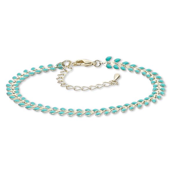 Bracelet, epoxy and gold-plated brass, turquoise green, 6.5mm wide with wreath design, 7-1/2 inches with 2-1/4 inch extender chain and lobster claw clasp. Sold individually. image number 0