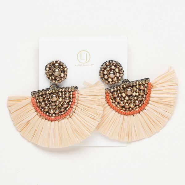 Earring 1pkg2 acrylic / paper / brass-finished brass and stainless steel, pink and orange, 2-1/2 inches with beading and fan fringe with earstud, 1 pair. image number 0