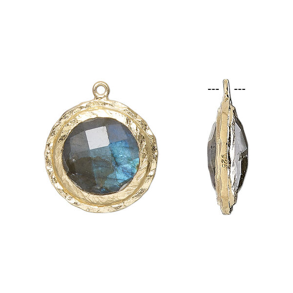 Drop, labradorite (natural) and gold-finished sterling silver, 17mm double-sided faceted round with hammered edge. Sold individually. image number 0