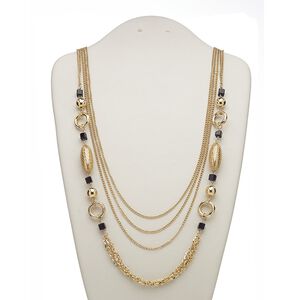 Necklace, 4-strand, acrylic / gold-coated plastic / gold-finished steel, black, 28 inches with 2-inch extender chain and lobster claw clasp. Sold individually.