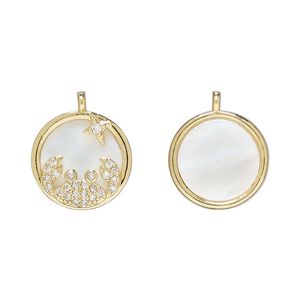 Drop 1pkg2 brass / freshwater pearl shell / glass rhinestone, 15mm round, bleached gold finish / white / clear