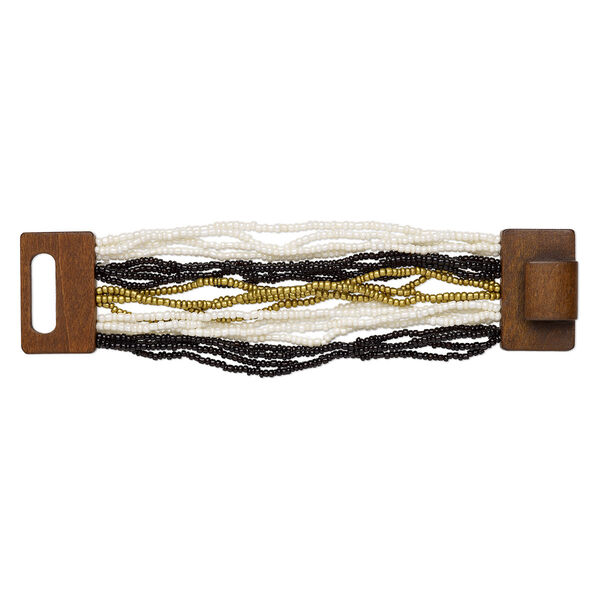 Bracelet, multi-strand stretch, glass and stained wood, white / black / gold, 46mm wide, 7 inches with hook-and-eye clasp. Sold individually. image number 0
