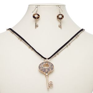 Necklace and earring set, Everyday Jewelry, faux suede / resin / crystals / rose gold-finished steel / brass / "pewter" (zinc-based alloy), black / brown / crystal clear, 60x30mm key, 20-inch necklace with 2-inch extender chain and lobster claw clasp, 43mm earrings with fishhook ear wire. Sold per set.