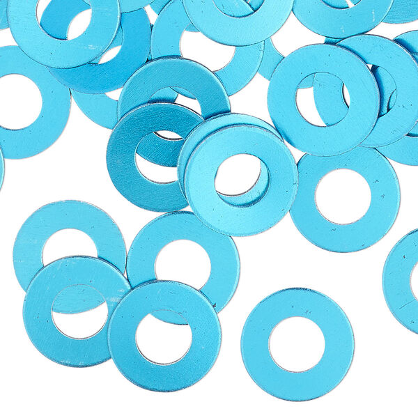 Washer, anodized aluminum, light blue, 13mm double-sided flat round blank with 6mm hole, 20 gauge. Sold per pkg of 100. image number 0