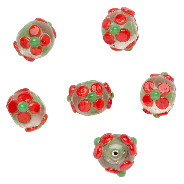 Bead, lampworked glass 1pkg6, clear / opaque red / green, 18x14mm rondelle with flowers. image number 0