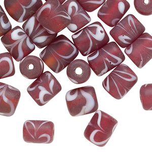 Bead, frosted glass, opaque dark red and white, 9x7mm round tube with swirl design. Sold per pkg of 40 beads.