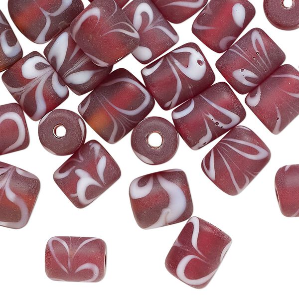 Bead, frosted glass, opaque dark red and white, 9x7mm round tube with swirl design. Sold per pkg of 40 beads. image number 0