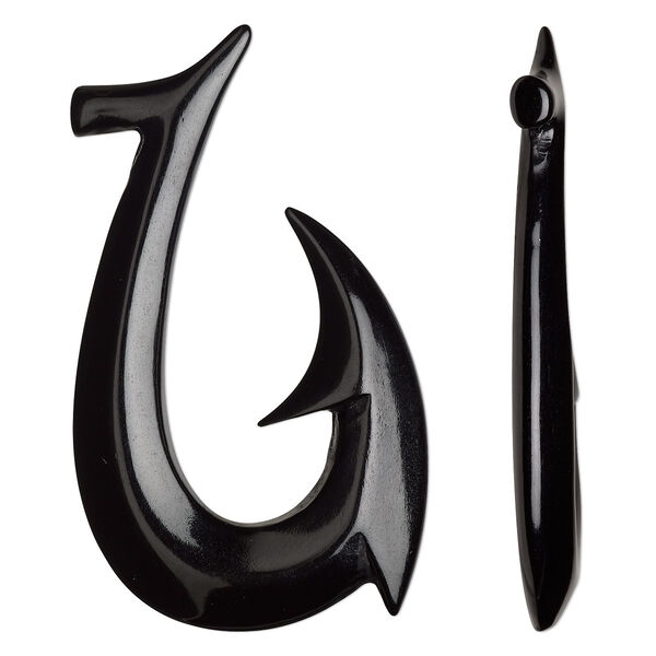 Focal, bone (dyed), black, 65x38mm hand-carved undrilled single-sided hook, Mohs hardness 2-1/2. Sold individually. image number 0