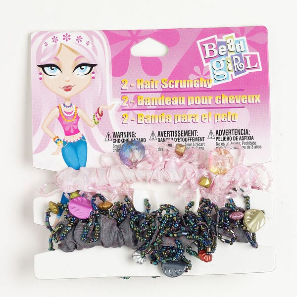 Hair scrunchy 1pkg2, elastic / nylon / acrylic / glass / shell, multicolored, 24mm width with mixed shapes, 7 inches. image number 0