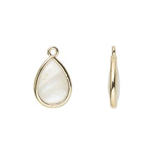 Drop, mother-of-pearl shell and gold-finished brass (assembled), 14.5x10.5mm-15.5x11.5mm double-sided teardrop. Sold per pkg of 4.