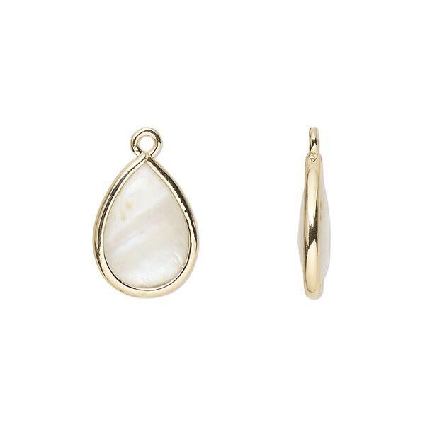 Drop, mother-of-pearl shell and gold-finished brass (assembled), 14.5x10.5mm-15.5x11.5mm double-sided teardrop. Sold per pkg of 4. image number 0