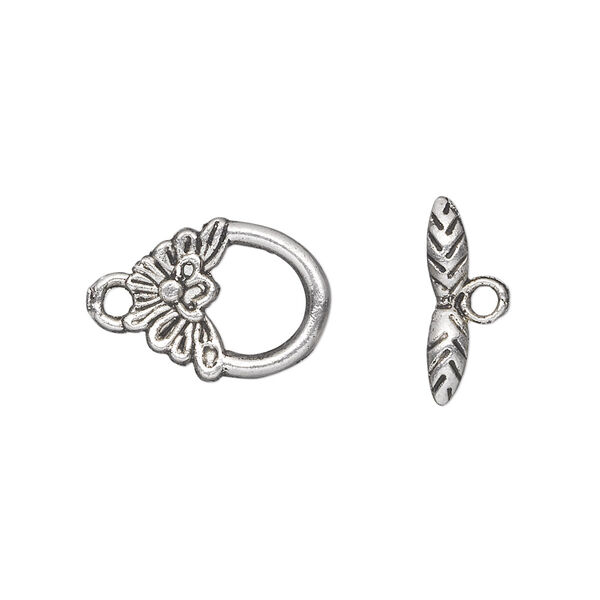 Clasp, toggle, antique silver-plated "pewter" (zinc-based alloy), 15x12mm single-sided flower. Sold per pkg of 20. image number 0