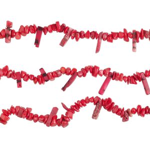 Bead mix, bamboo coral (dyed), light to dark red, top- and center-drilled small to extra-large chip and 19x5mm-30x7mm stick, Mohs hardness 3-1/2 to 4. Sold per (3) 8-inch strands.