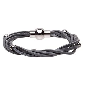 Bracelet, 5-strand, leather (dyed) and stainless steel, grey, 8mm wide twisted with 5mm round, 6-1/2 inches with magnetic clasp. Sold individually.