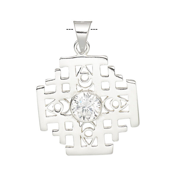 Pendant, sterling silver and cubic zirconia, clear, 25mm single-sided cross. Sold individually. image number 0