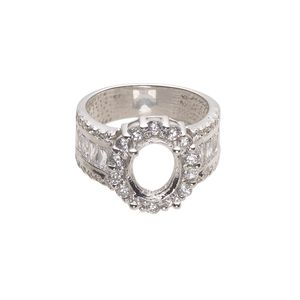 Ring, cubic zirconia and rhodium-plated sterling silver, clear, 15mm wide with open back with 10x8mm oval 4-prong setting, size 7. Sold individually.
