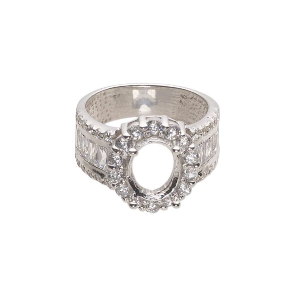 Ring, cubic zirconia and rhodium-plated sterling silver, clear, 15mm wide with open back with 10x8mm oval 4-prong setting, size 7. Sold individually. image number 0