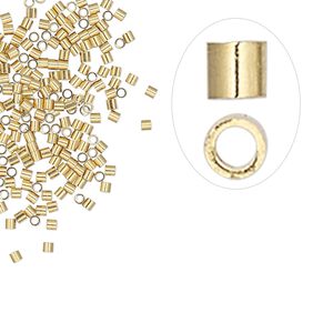 Crimp, gold-plated brass, 1.1x1mm micro cut seamless tube, 0.7mm inside diameter. Sold per pkg of 100.