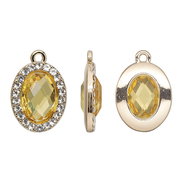 Drop, glass / glass rhinestone / gold-finished "pewter" (zinc-based alloy), clear and transparent citrine yellow, 19x15.5mm single-sided oval. Sold per pkg of 2. image number 0