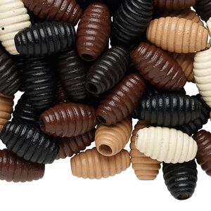 Bead mix, painted Korean boxwood, mixed neutrals, 20x11mm fluted oval. Sold per 1/4 pound pkg, approximately 120 beads.