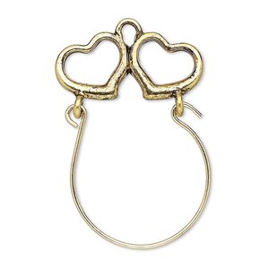 Focal, antique gold-finished "pewter" (zinc-based alloy) and steel, 36x23mm single-sided charm holder with 24x9mm hearts. Sold per pkg of 2.